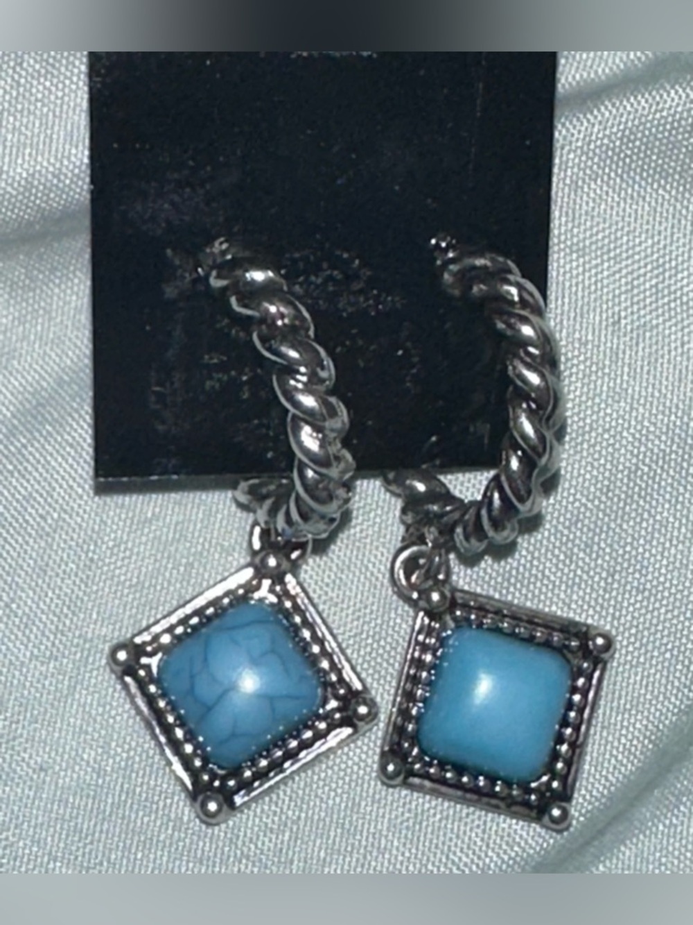 Silver Hoop Earrings with Turquoise Blue Stone Charms